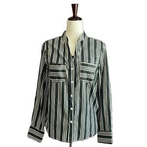 Lila Li Button Up Shirt Stripe Patch Chest Pockets Black White Women's size S